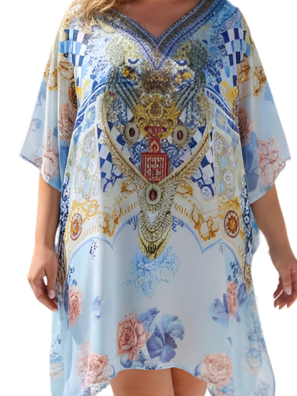 Women’s Plus Size Light Blue Ornate Print Satin Silk Tunic 1X-3X Dress for Woman - Picture 5 of 5